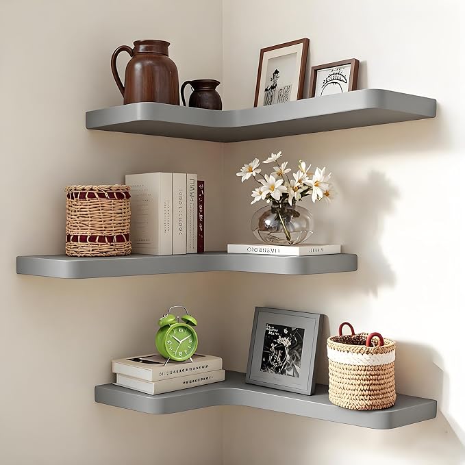 Floating Corner Shelves Set of 3, Solid Wood Picture Wall Shelf, Floating by Unknown