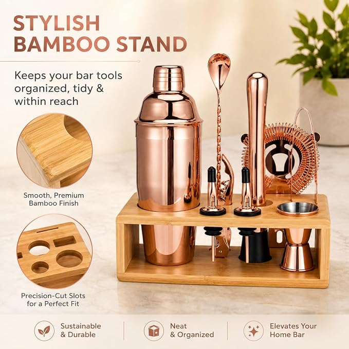 Rose Gold Cocktail Shaker Set, Premium 18/8 Stainless Steel Mixology Bartender - Image 5