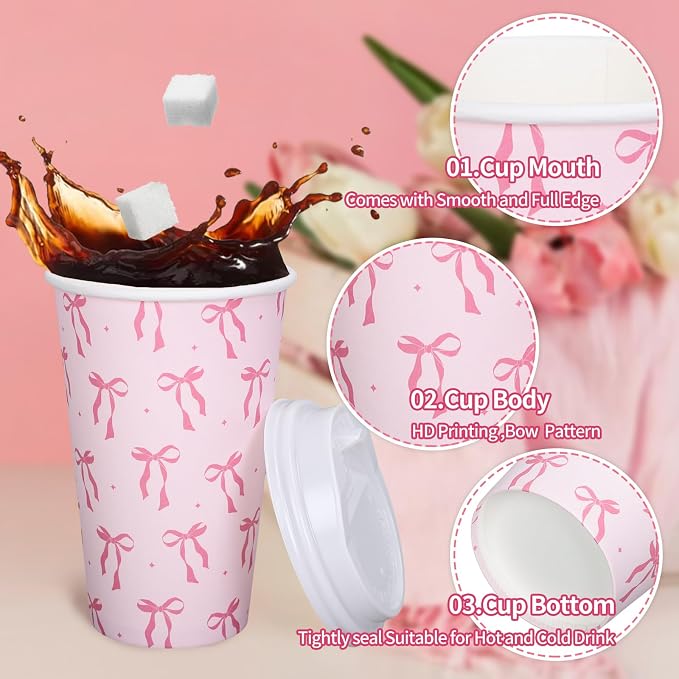 Whaline 50 Set Pink Bow Disposable Coffee Cups - Image 3