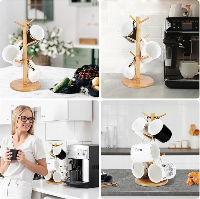 Bamboo Mug Tree Holder, Upgraded Screw Type 6 Hooks Coffee Mug Holders - Image 7
