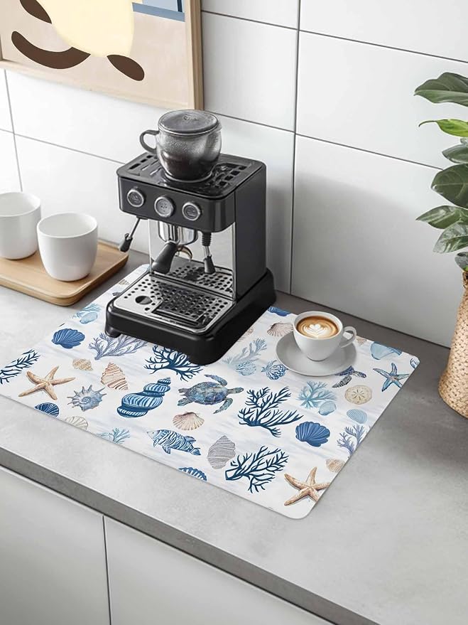 Oceans Sealife Coffee Mat Sea Turtles Corals Stars Shells Texture Absorbent Bar - Image 2