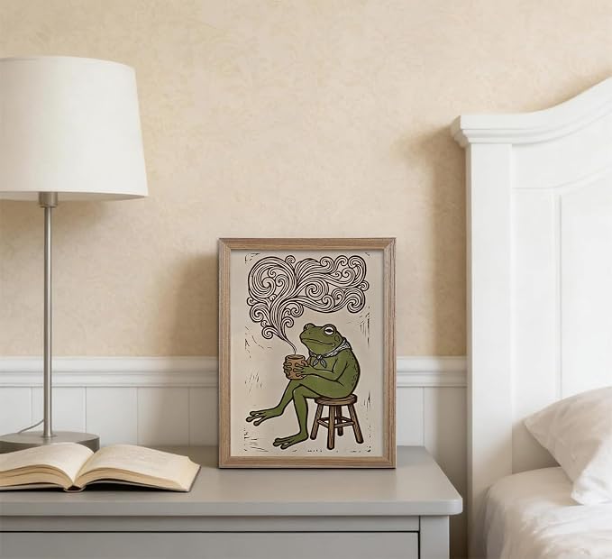 JQ7OL Whimsical Wall Art Frog Drinking Coffee Wall Art Wood Framed Funny - Image 3