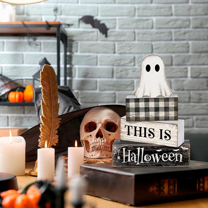 Lineshading 4 Pcs Ghost Halloween Decor Black and White Halloween Tiered Tray - Image 6