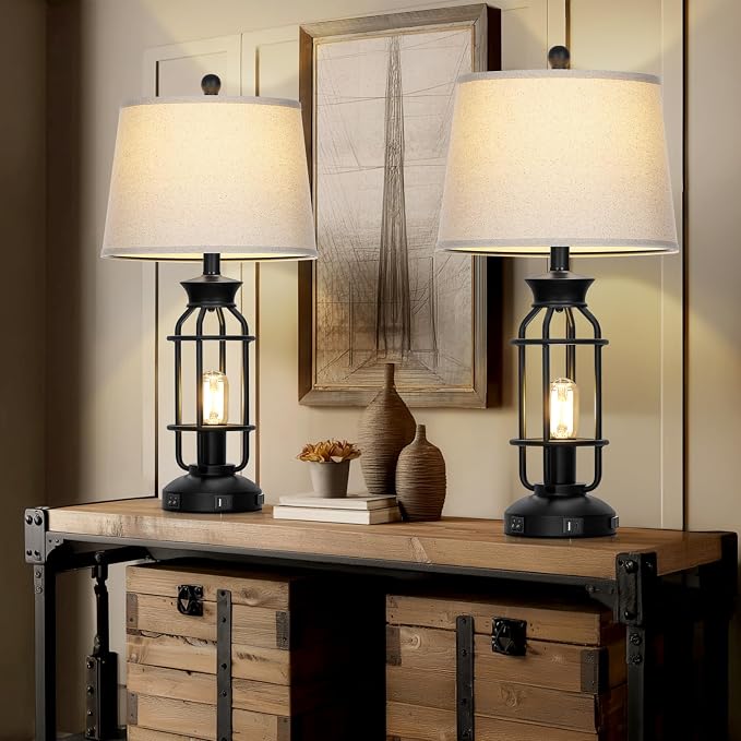 28" Vintage Table Lamps with USB C+A Ports & AC Outlet, Industrial Farmhouse - Image 8