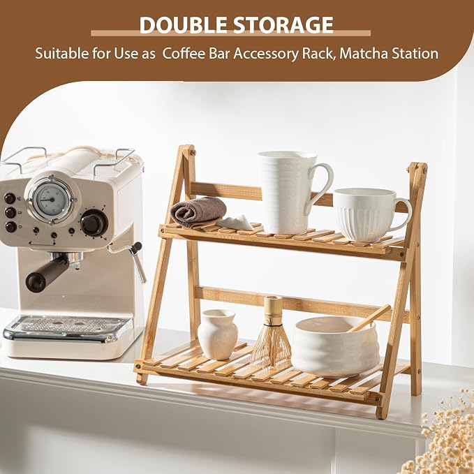 Yalikop Matcha Station Shelf, 15.7'' Coffee Station Organizer, 2 Tiers Bamboo - Image 4