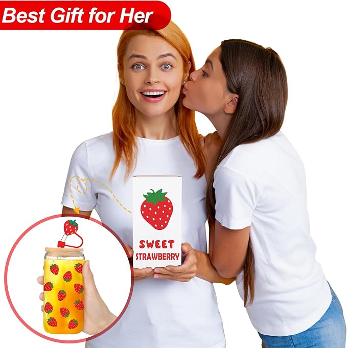 Reallnaive Strawberries Gifts for Women 16 oz Aesthetic Iced Coffee Cup Glass - Image 6