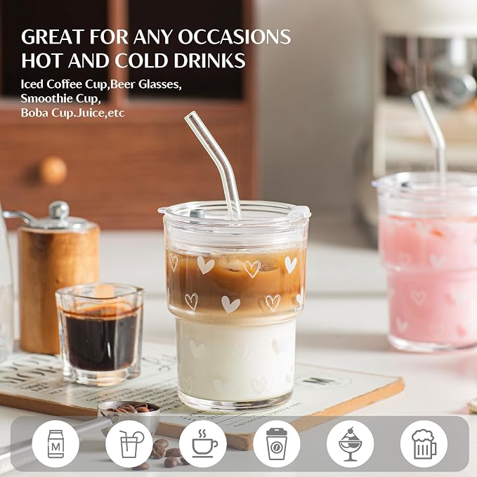 INSETLAN 13oz Heart Decal Glass Tumblers Set of 2, Thick Wall Glass Cups - Image 4