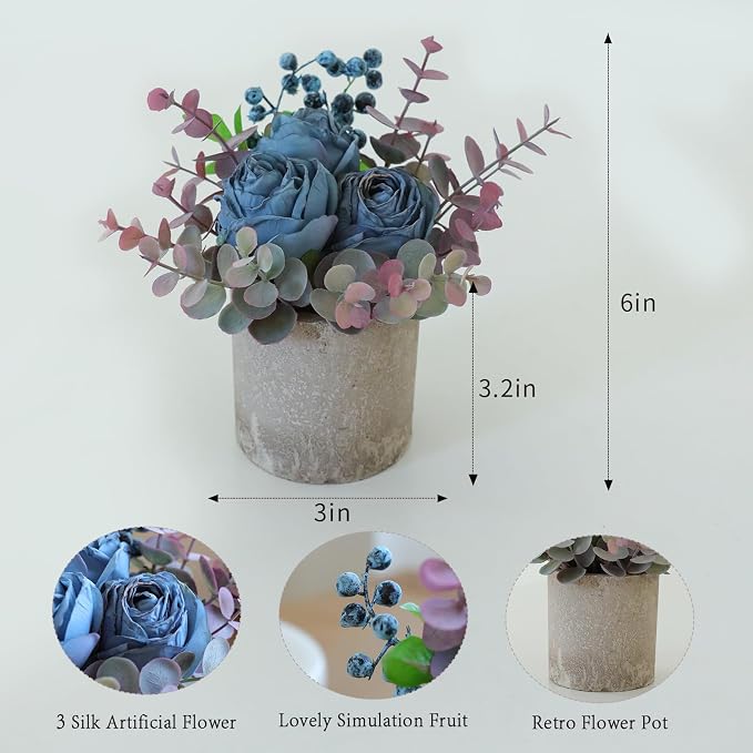 Small Artificial Burnt Blue Rose Potted Plant, Mini Faux Floral Arrangement - Image 2