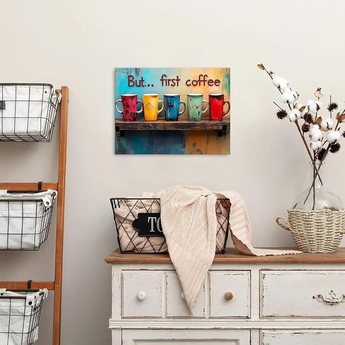 But First Coffee Canvas Wall Art Colorful Kitchen Wall Decor Rustic Abstract - Image 4
