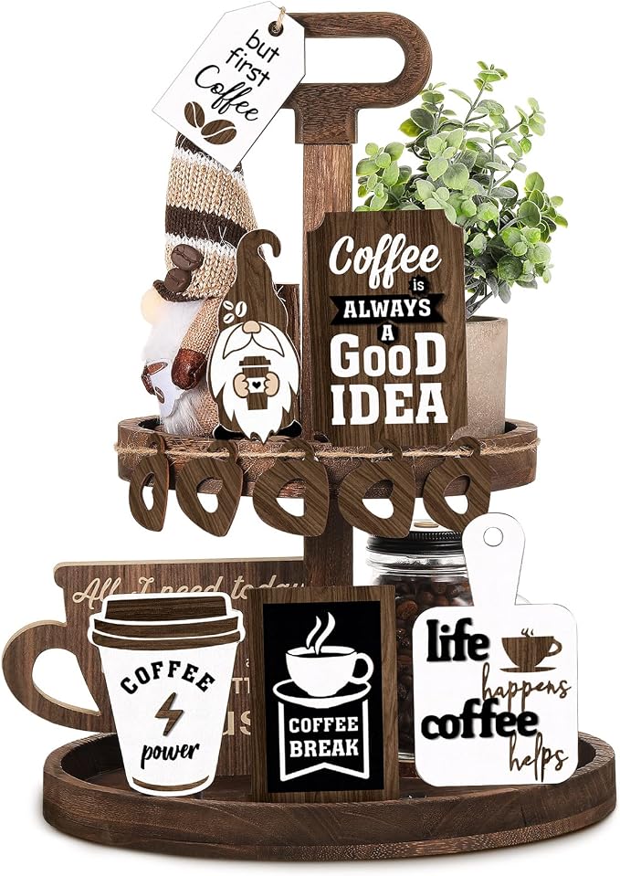 Yalikop 12 Pcs Coffee Bar Decor Tiered Tray Decor Set Farmhouse Wooden Gnomes by Yalikop