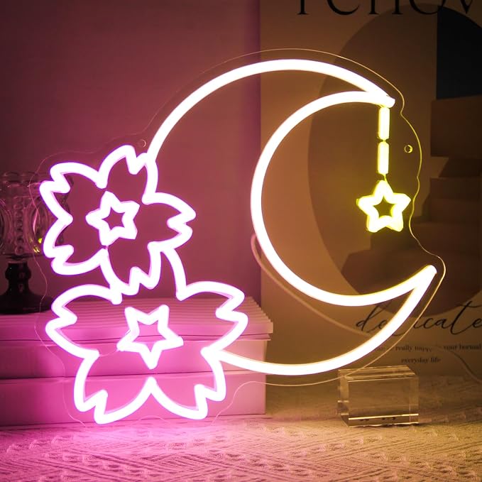 Sakura Moon Star Neon Signs for Wall Decor Cherry Blossom Neon Light Dimmable by Kullneon