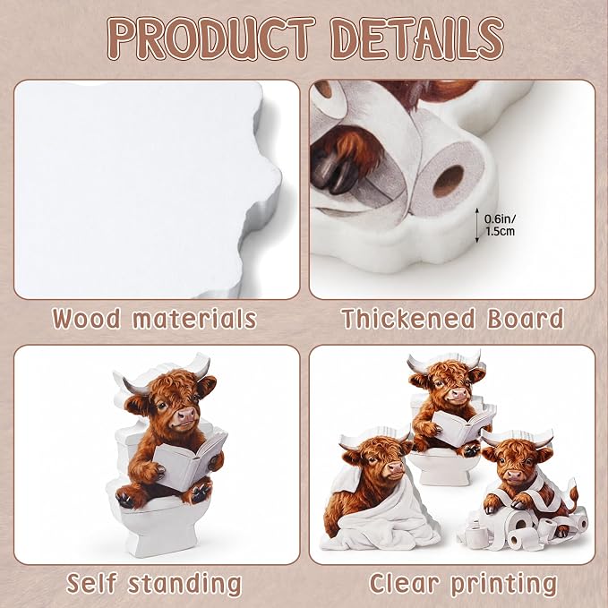 3 Pcs Funny Highland Cow Bathroom Decor Set, Highland Cow Decor Wooden Tabletop - Image 3