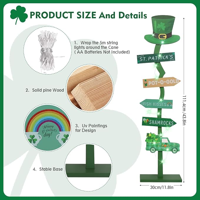 43.8" Lighted Wooden St. Patrick's Day Porch Sign Leprechaun Hat Shamrock Irish - Image 4