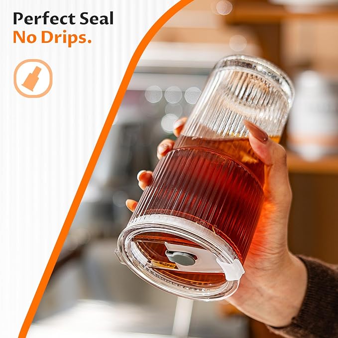 Glass Cups with Lids and Straws 4 Pack, 20oz Ribbed Glass Cups, Leak Resistant - Image 3
