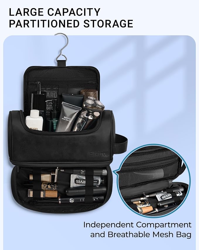 Elviros Toiletry Bag for Mens PU Leather Travel Organizer Kit - Image 3