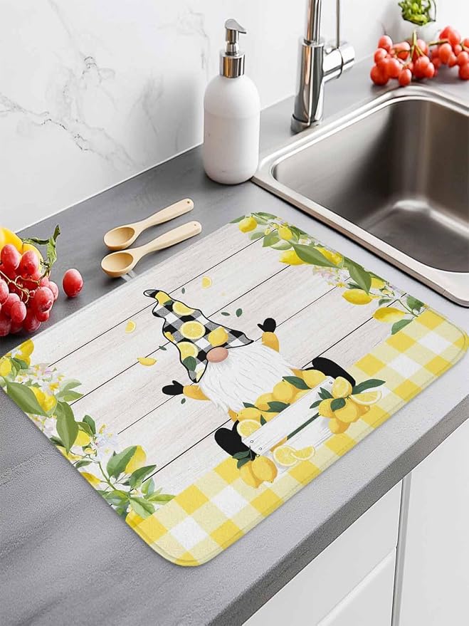 Lemon Dwarfs Dish Drying Mat 18x24 inch Gnome Green Leaf Wood Striped Black - Image 8