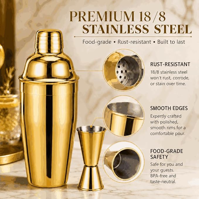 Gold Cocktail Shaker Set, Premium 18/8 Stainless Steel Mixology Bartender Kit - Image 3