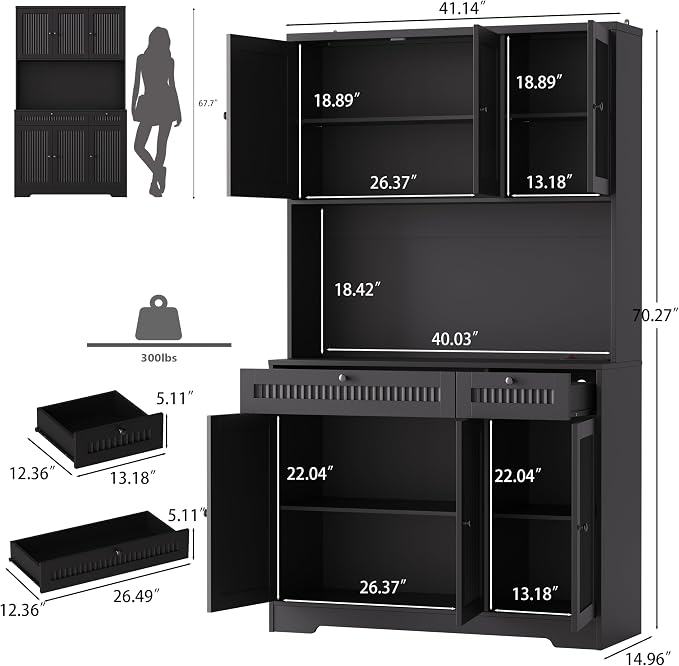 Pantry Storage Cabinet with Charging Station, Kitchen Storage with Adjustable - Image 2
