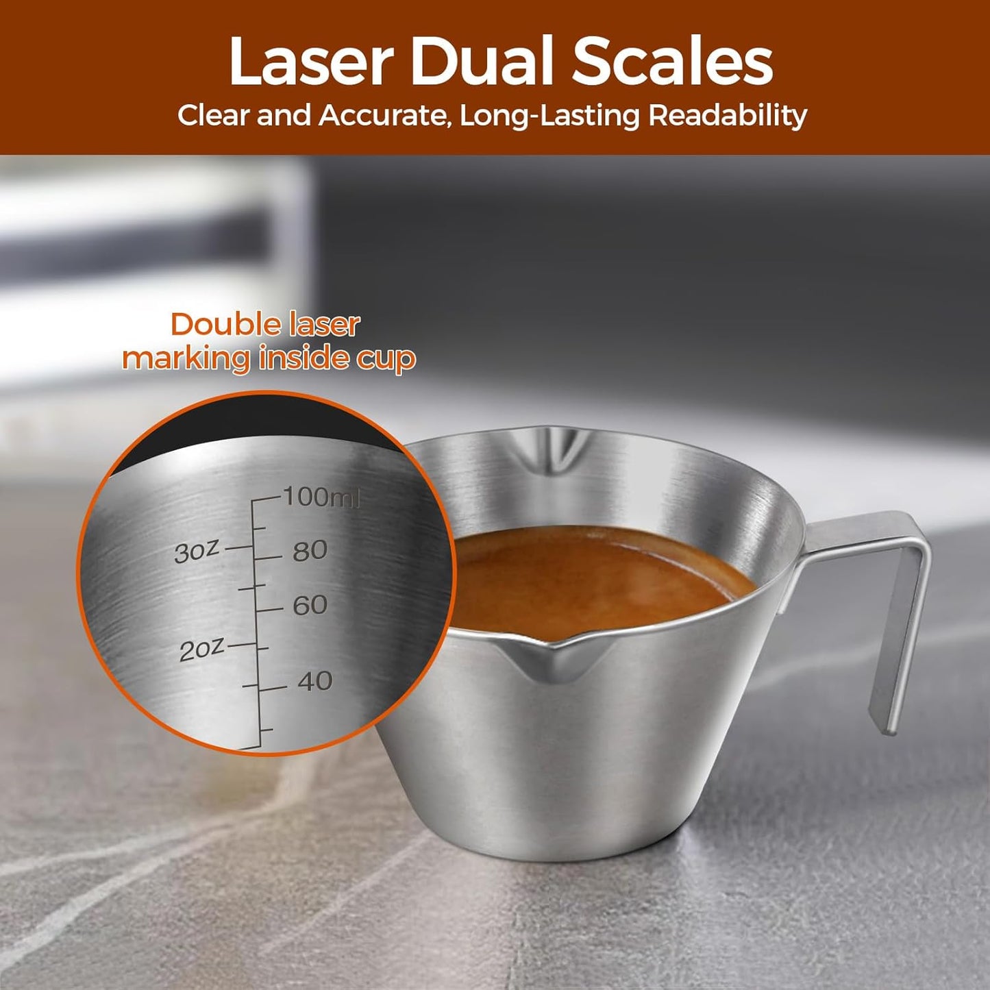 2Pcs Stainless Steel Espresso Cup, Double Spout Metal Espresso Measuring Cup with Handle, 3.4oz/100ml V-Shaped Mouth with Dual Scale (Silver+Black)