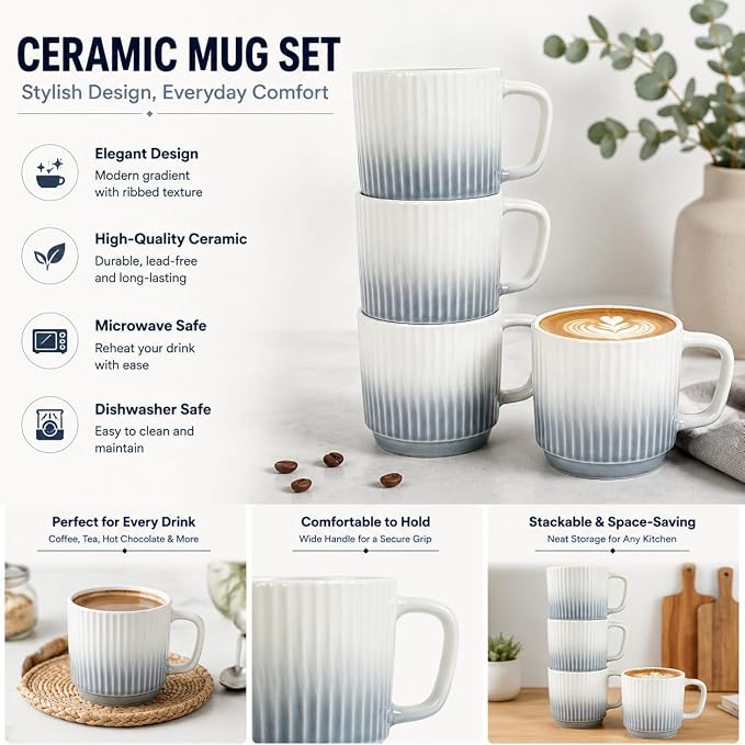 8 oz Stackable Coffee Mugs Set of 4, Ceramic Coffee Mugs Cappuccino Cups Set - Image 3