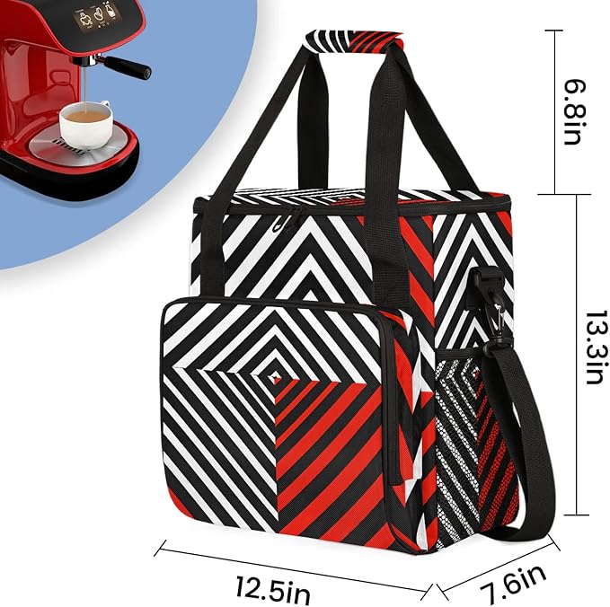 Black White and Red Coffee Maker Travel Bag, Striped Insulated Grocery Bag - Image 2