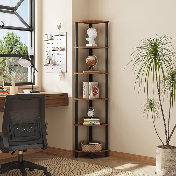 VIMBER Corner Shelf, 6-Tier Corner Bookshelf, Industrial Corner Ladder Shelf - Image 2