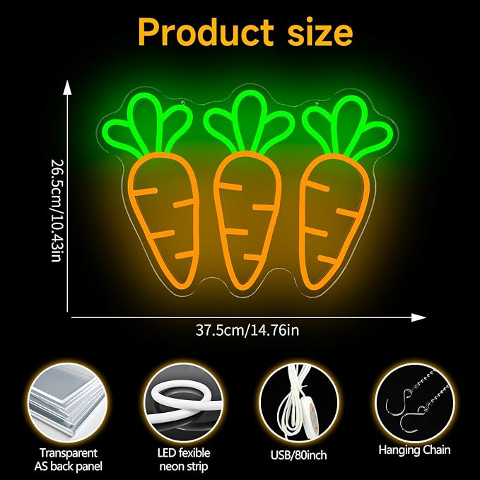 Carrot Neon Sign for Wall Decor Easter Led Sign Three Carrot Neon Light Easter - Image 5