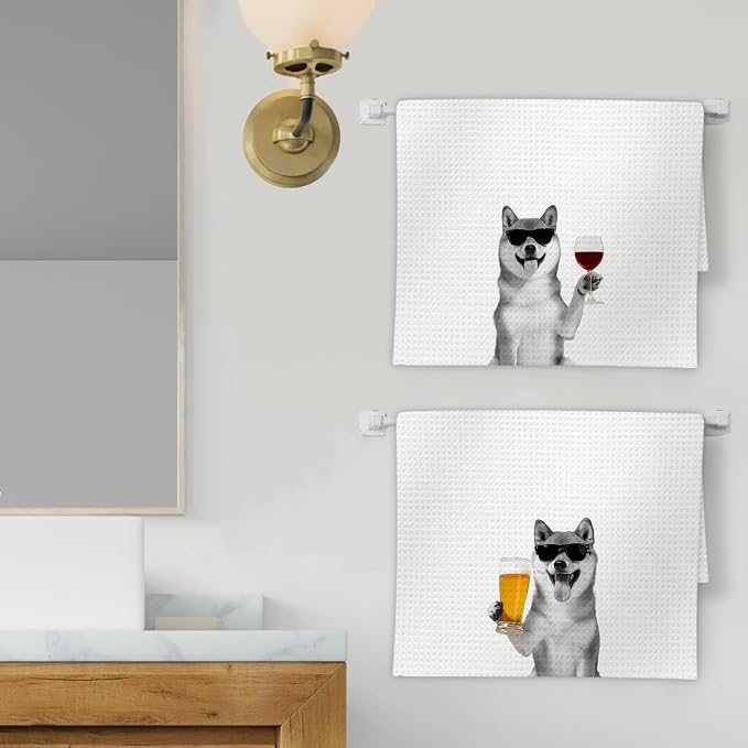 Shiba Inu Gifts Dog Wine Kitchen Towels Set of 2, Funny Dogs Beer Lover - Image 2