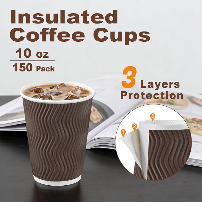 BYSNOW 150 Pack 10 oz Coffee Cups, Disposable Paper Cups, Insulated Corrugated - Image 2