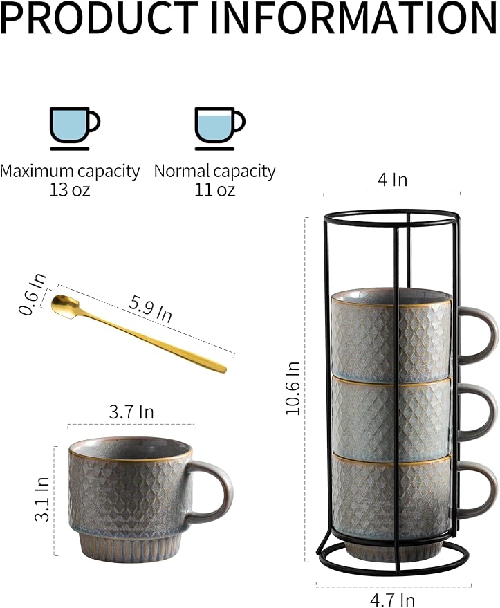 Gomakren Coffee Mugs Set of 4, 13 Ounce Stackable Coffee Mugs - Image 4