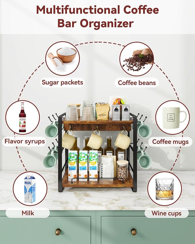 IBUYKE Coffee Bar Station Countertop Organizer, 2 Tier Kitchen Mug Cup Holder - Image 4