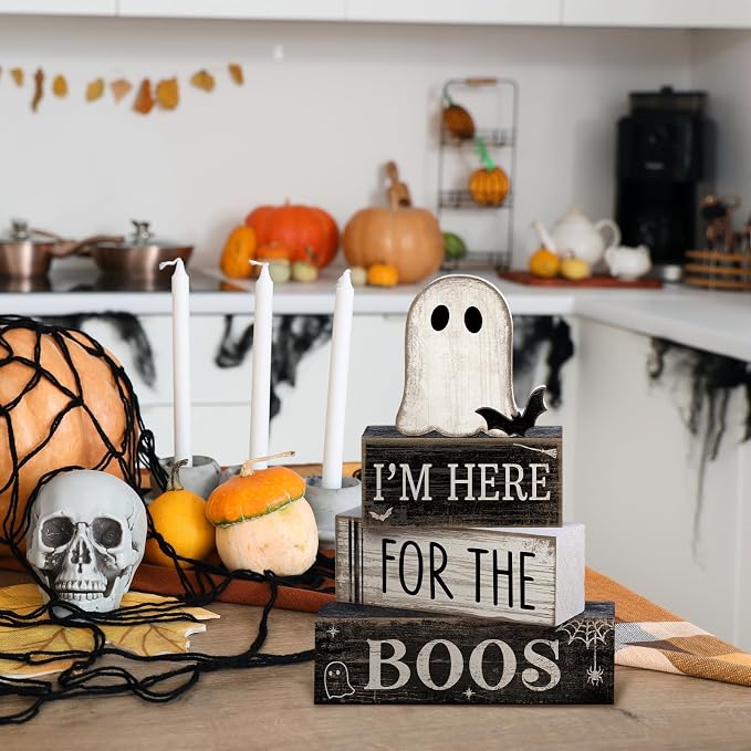 Lineshading 4 Pcs Halloween Table Decoration Wooden Ghost Tiered Tray Decor - Image 4