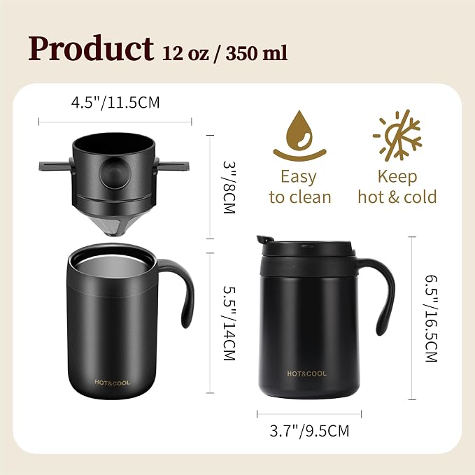 Pour Over Coffee Maker Set 16oz Stainless Steel Insulated Mug Foldable Filter - Image 6