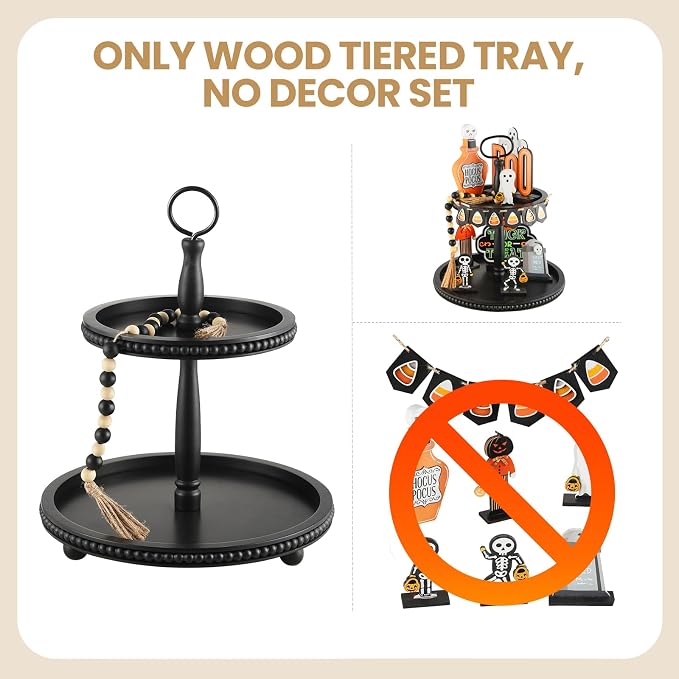 Beaded Tiered Tray Stand, Rustic Wooden 2 Tier Decorative Tray - Image 5