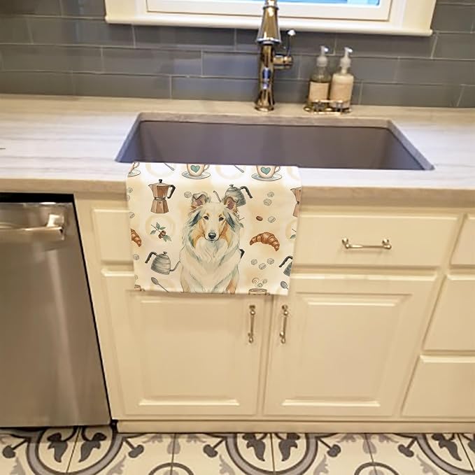 Caroline's Treasures White Collie Coffee Bar Kitchen Towel Velour Plush Front - Image 2