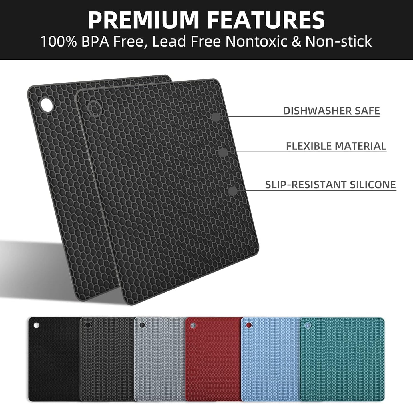 Silicone Trivets Mats, Silicone Hot Pads for Pot Holder, Square Trivets for Hot Dishes, Pots and Pans, Multipurpose Hot Pads for Kitchen Counter, Non Slip Heat Resistant Mats Set 4 Dark Grey