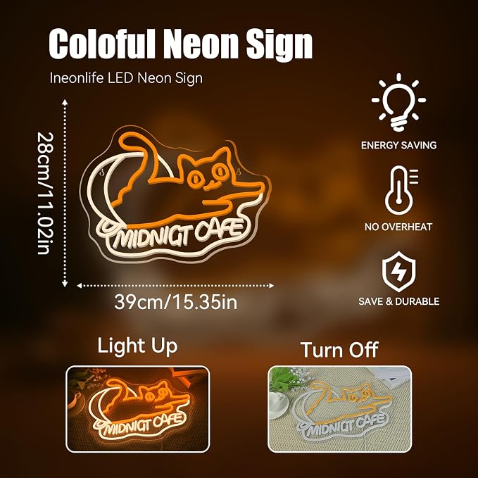 Ineonlife Cat Cafe Neon Sign, Midnight Cafe LED Light - Image 3