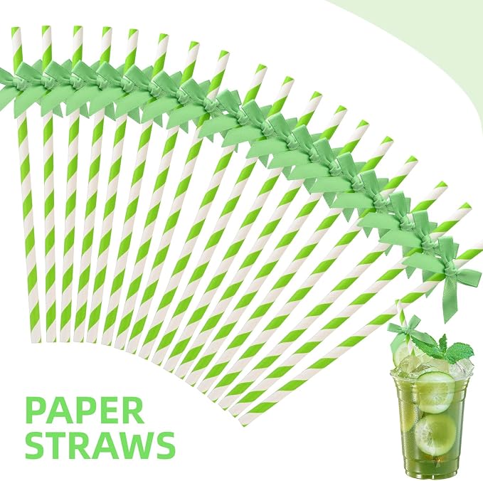20pcs Green Bow Straw, 7.7inch Cake Pops Treat Sticks Biodegradable Cute Paper - Image 3