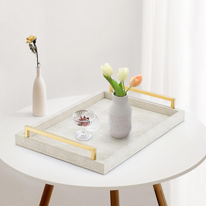 XIGEXIGE Ivory Shagreen Decorative Tray Large Rectangle Coffee Table Tray - Image 5