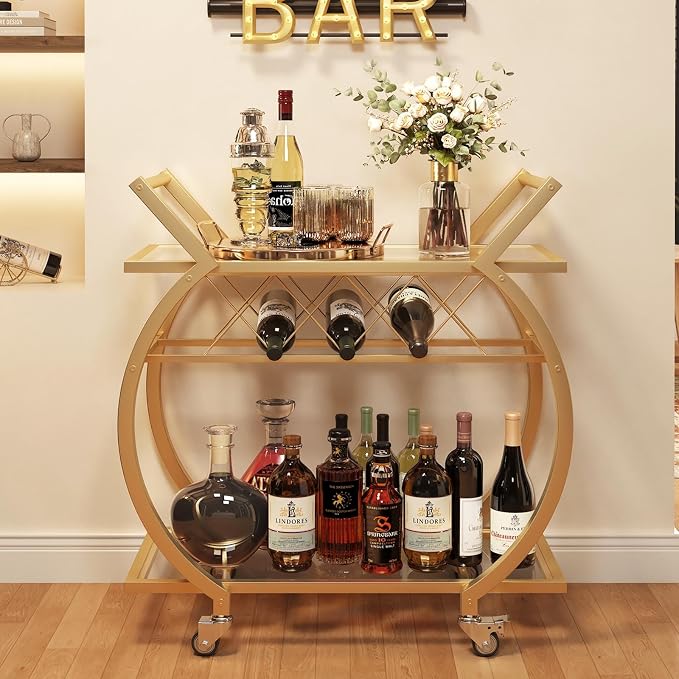 LVB Gold Bar Cart with Glass, Bar Cart with Wheels, Wine Cart with 2 Tier - Image 7