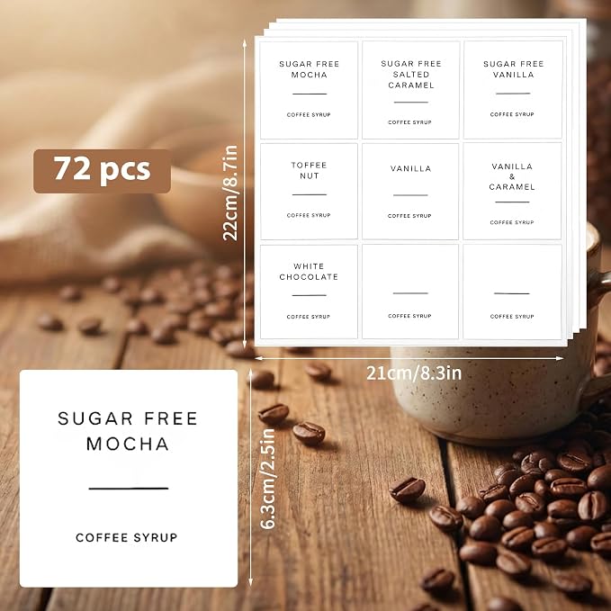 72 PCS Coffee Syrup Labels | Preprinted Waterproof Vinyl Syrup Labels - Image 2