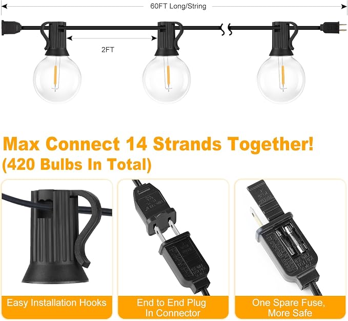 Bosceos 60FT Outdoor G40 LED Globe String Lights Dimmable Waterproof - Image 6
