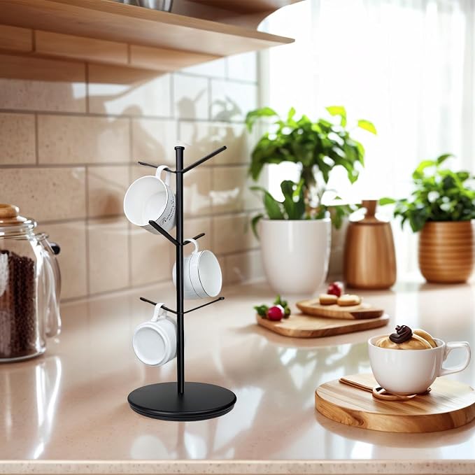 360° Rotating Mug Tree, 6 Hooks Upgraded Stable Metal Mug Holder, Bamboo Base - Image 4