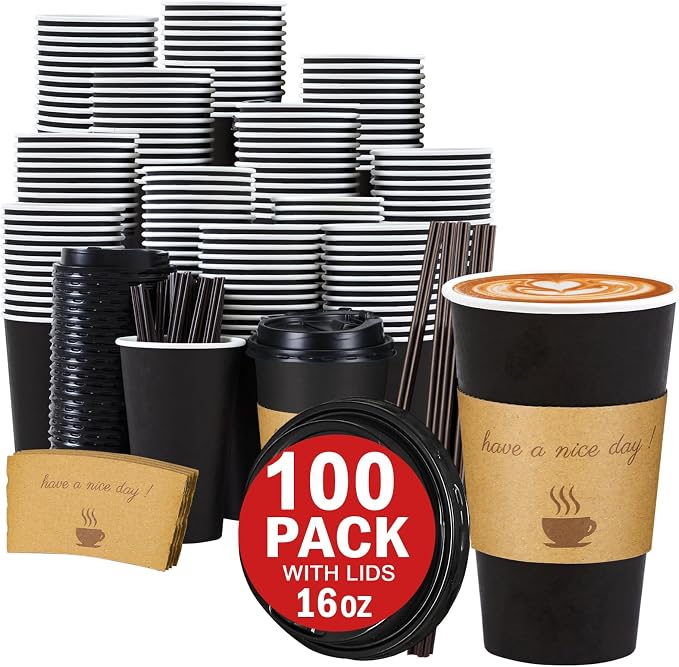 Lamosi 16 oz Coffee Cups with Lids 100 Pack, 16 oz Disposable Coffee Cup with by BuyNow