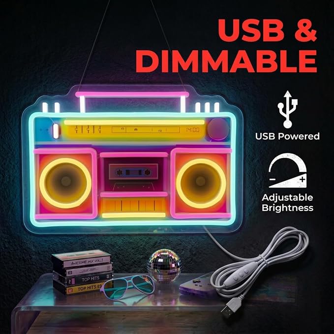 Retro Boombox Neon Sign, Colorful LED Cassette Player Wall Decor, USB Powered - Image 3