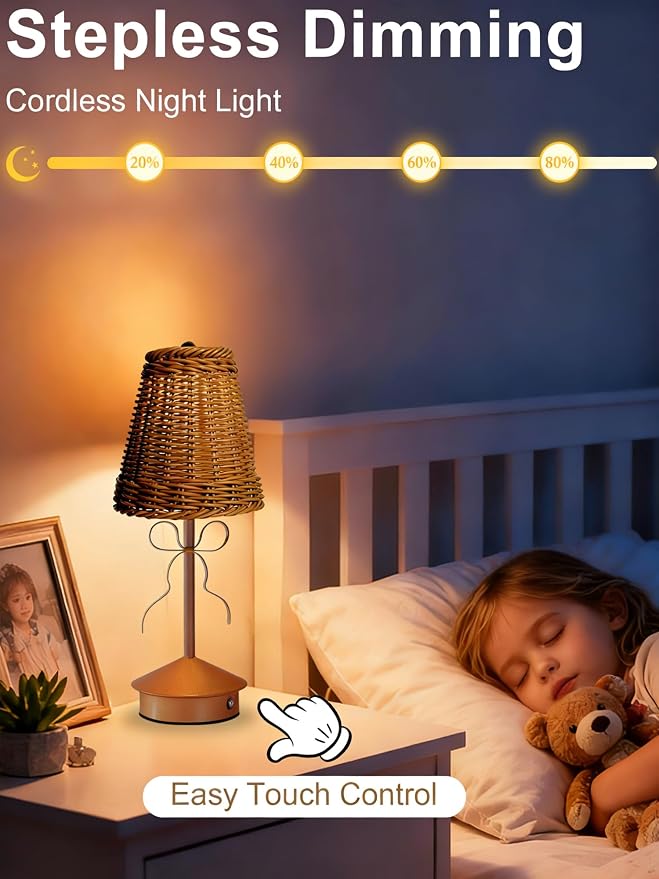Boho Rattan Table Lamp, Small Wicker Lamp, Vintage Bow Lamp - Image 3