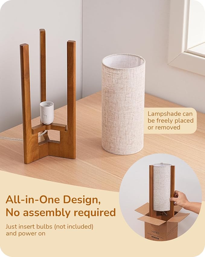 EDISHINE 13.5" Small Table Lamp, Walnut Wood Cylinder Nightstand Lamp - Image 4
