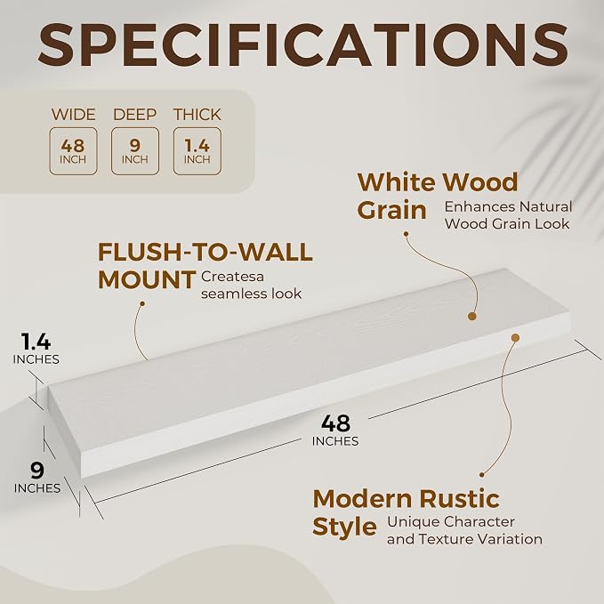 Dreamland 48 Inch Long Floating Shelves in White, 9.3 Inch Deep Floating Shelf - Image 5