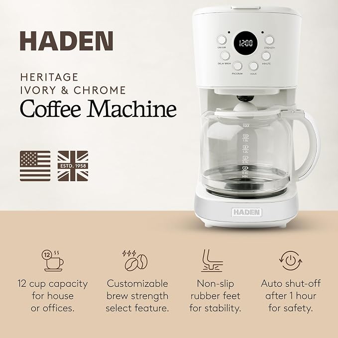 HADEN Coffee Machine, 12 Cup Programmable Drip Coffee Maker, Ivory & Chrome - Image 2
