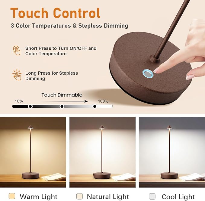 Set of 2 Rechargeable Cordless Table Lamp, 6000mAh LED Battery Operated Desk - Image 4